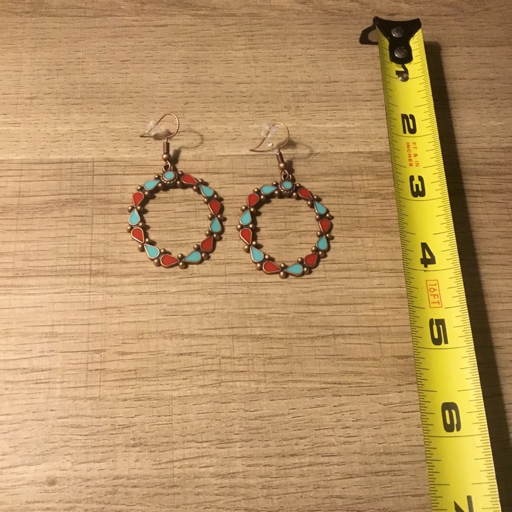 Colorful Turquoise and Red Teardrop Enamel Hoop Earrings - Picture 3 of 3